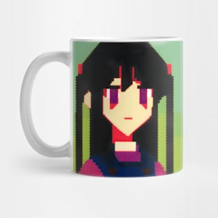 A pixel art picture of a girl with black hair with -_- Face Mug